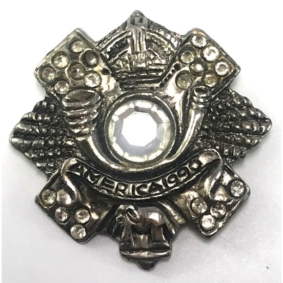 Unbranded Jewelry - Vintage Antiqued Silver Tone America 1990 Brooch Pin Elephant Crown Rhinestones
